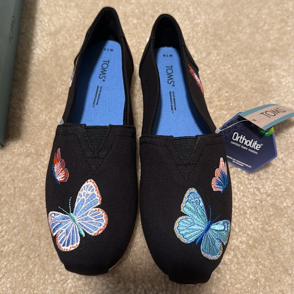 TOMS Women's Black Butterfly Embroidered Shoes
